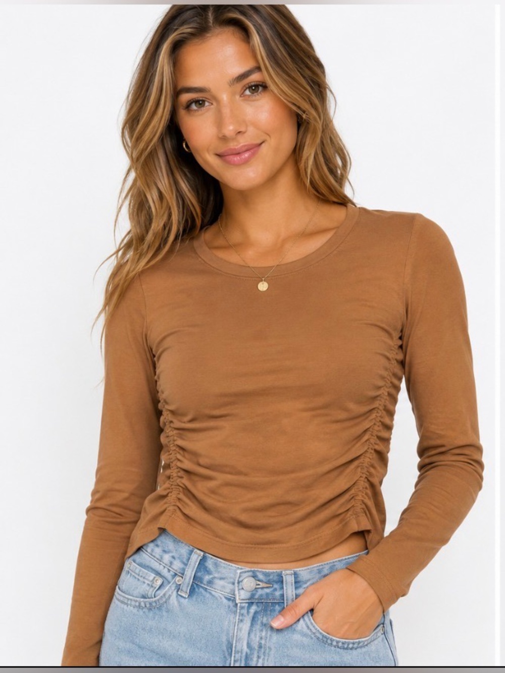 OQQ Brown Caramel Ruched Long Sleeve Top Size L NWT Seamless Slim Fit Athleisure